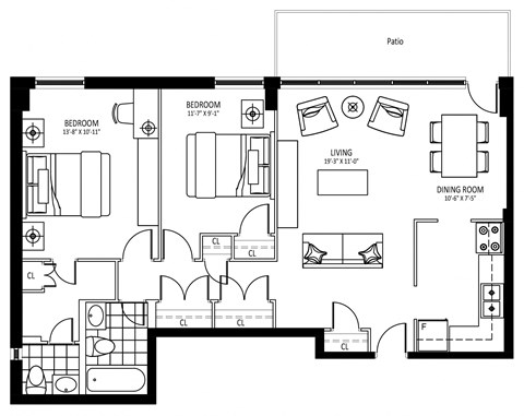 Floor plan for 2 beds, 1.5 baths, 903 sqft